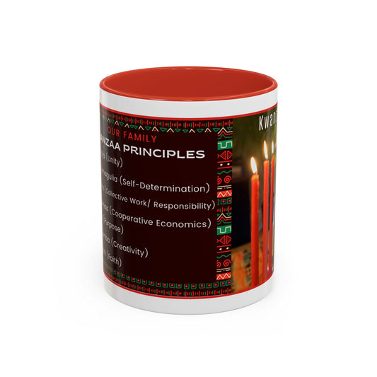 Kwanzaa Principles Beverage Mug , shown with Candles (11 oz)