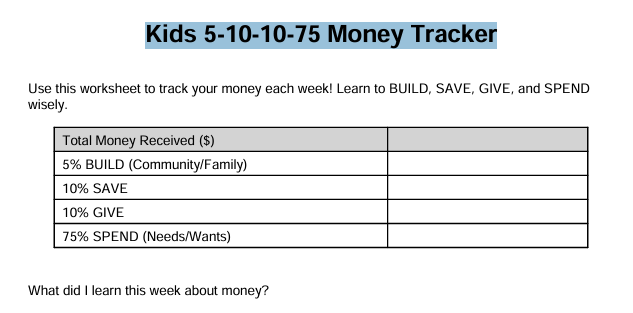 Kids 5-10-10-75 Money Tracker